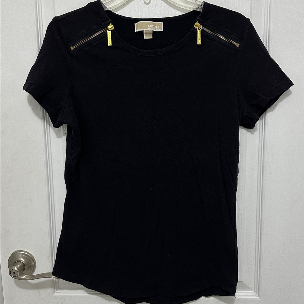 Michael Kors Black Tee with Gold Zipper Details Size L